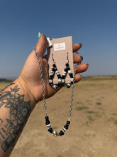 Load image into Gallery viewer, White Buffalo, Black Onyx, Dendritic Opal beaded earrings
